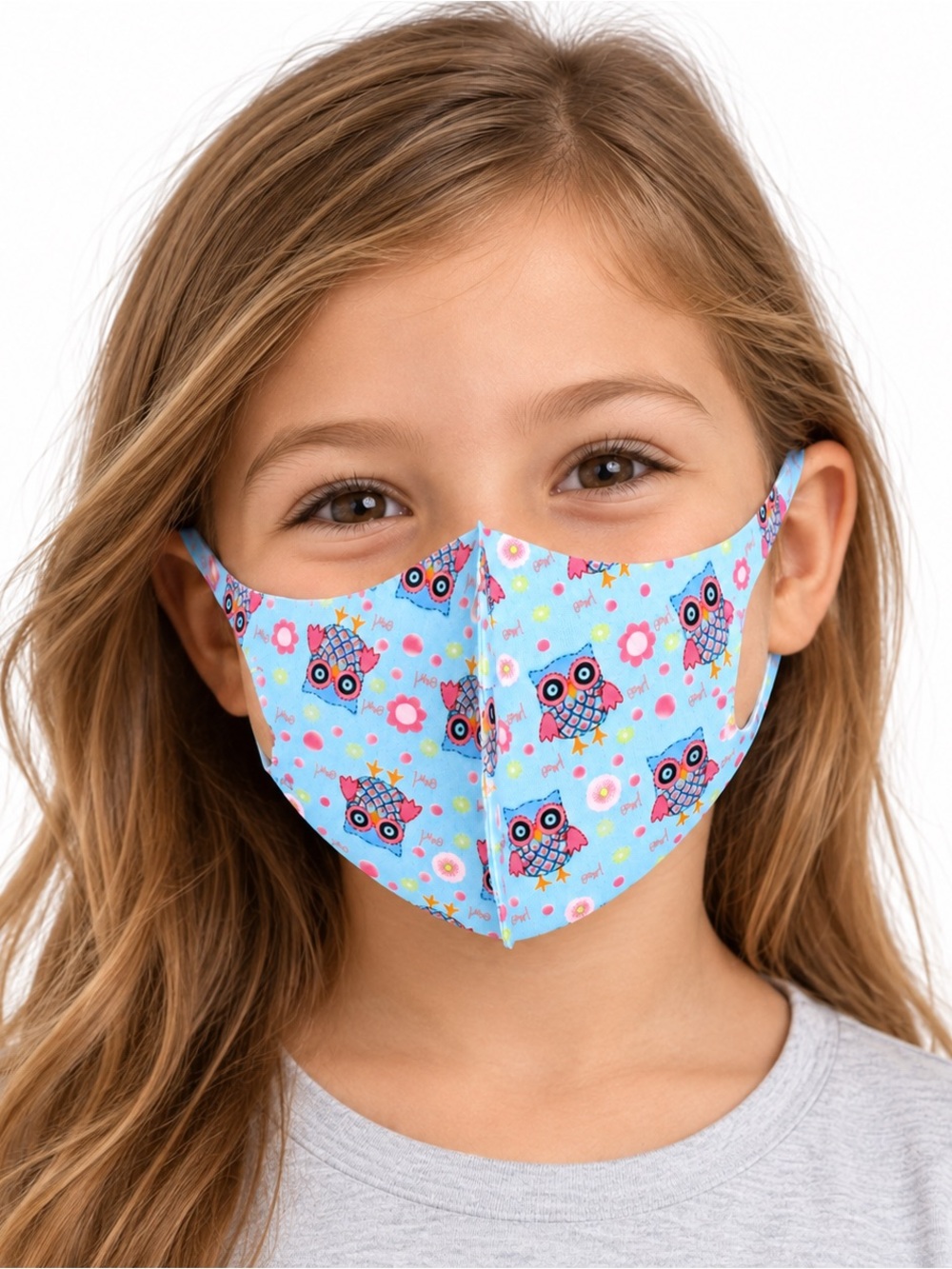 Kids Owl Print Reusable Face Mask - Light Blue